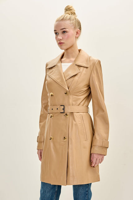 Women's Lambskin Leather Double-Breasted Trench Coat - Dark Beige | Ron Tomson
