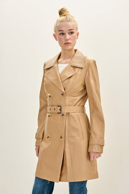 Women's Lambskin Leather Double-Breasted Trench Coat - Dark Beige | Ron Tomson