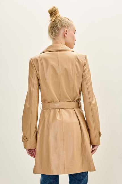 Women's Lambskin Leather Double-Breasted Trench Coat - Dark Beige | Ron Tomson