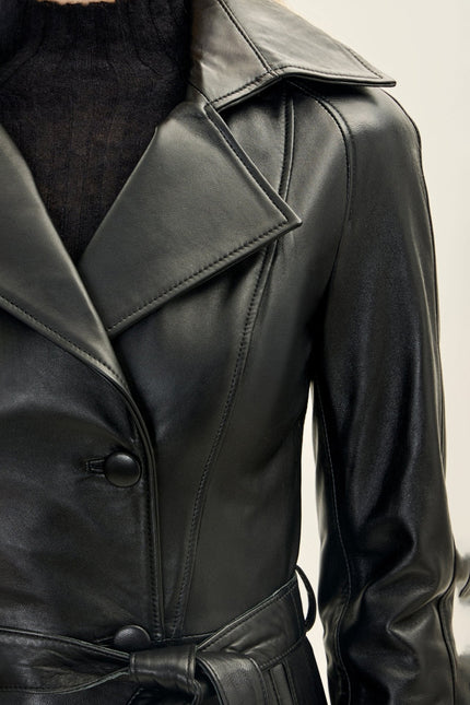 Women's Lambskin Leather Double-Breasted Trench Coat - Black | Ron Tomson