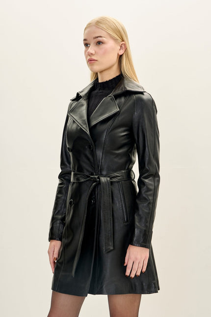 Women's Lambskin Leather Double-Breasted Trench Coat - Black | Ron Tomson