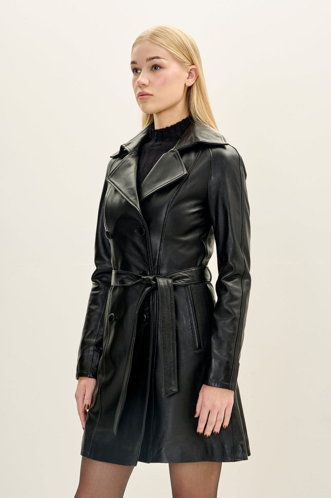 Women's Lambskin Leather Double-Breasted Trench Coat - Black | Ron Tomson