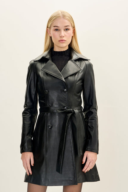 Women's Lambskin Leather Double-Breasted Trench Coat - Black | Ron Tomson