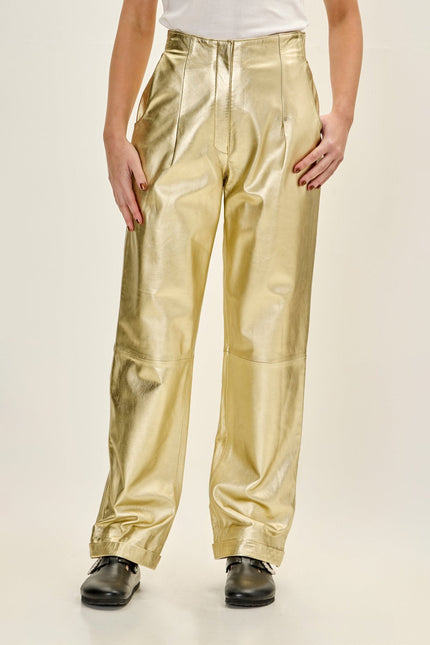 Women's Sleek Lambskin Leather Trousers - Gold | Ron Tomson