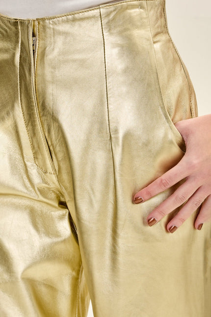Women's Sleek Lambskin Leather Trousers - Gold | Ron Tomson
