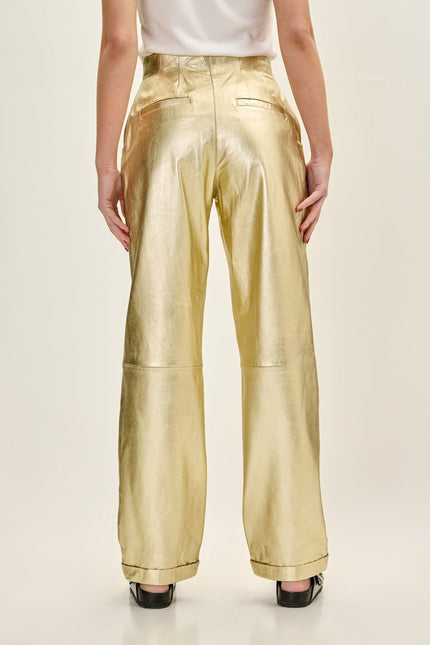 Women's Sleek Lambskin Leather Trousers - Gold | Ron Tomson