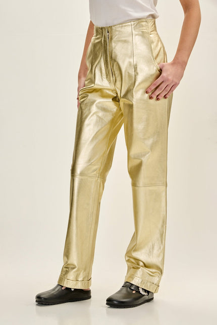 Women's Sleek Lambskin Leather Trousers - Gold | Ron Tomson