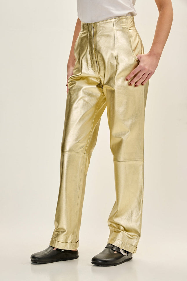 Women's Sleek Lambskin Leather Trousers - Gold | Ron Tomson