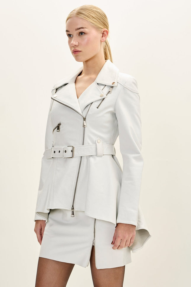 Women's Fitted Lambskin Peplum Jacket - White | Ron Tomson