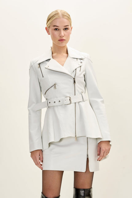 Women's Fitted Lambskin Peplum Jacket - White | Ron Tomson