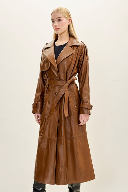 Women's Belted Lambskin Leather Trench Coat - Brown | Ron Tomson