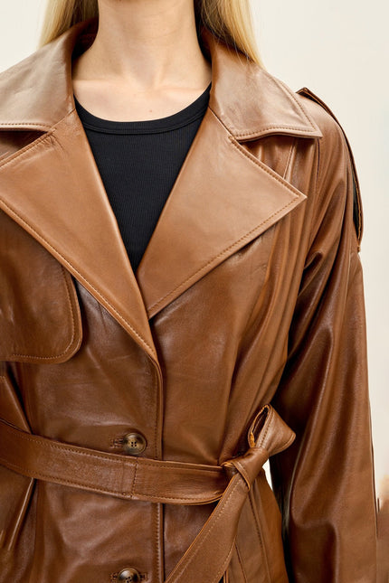 Women's Belted Lambskin Leather Trench Coat - Brown | Ron Tomson