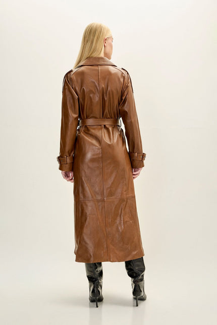 Women's Belted Lambskin Leather Trench Coat - Brown | Ron Tomson