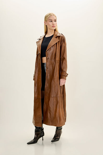 Women's Belted Lambskin Leather Trench Coat - Brown | Ron Tomson