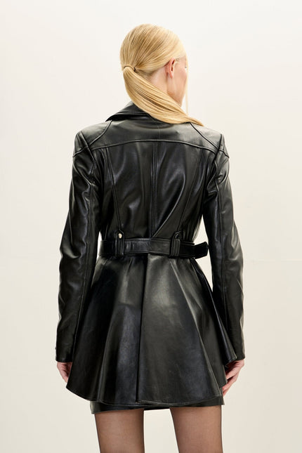 Women's Lambskin Leather Fitted Peplum Jacket - Black | Ron Tomson