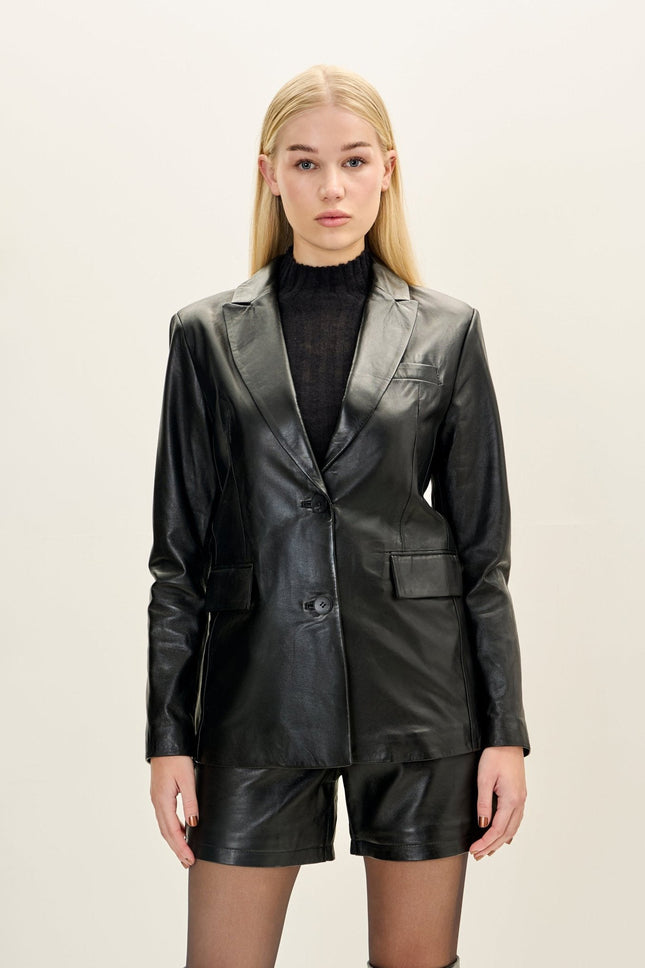 Women's Lambskin Leather Double-Button Blazer - Black | Ron Tomson