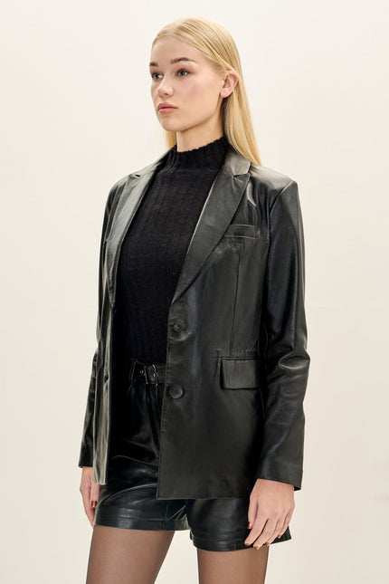 Women's Lambskin Leather Double-Button Blazer - Black | Ron Tomson