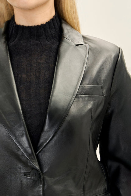 Women's Lambskin Leather Double-Button Blazer - Black | Ron Tomson