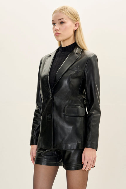 Women's Lambskin Leather Double-Button Blazer - Black | Ron Tomson