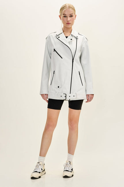 Women's Oversized Lambskin Leather Motorcycle Jacket - White | Ron Tomson