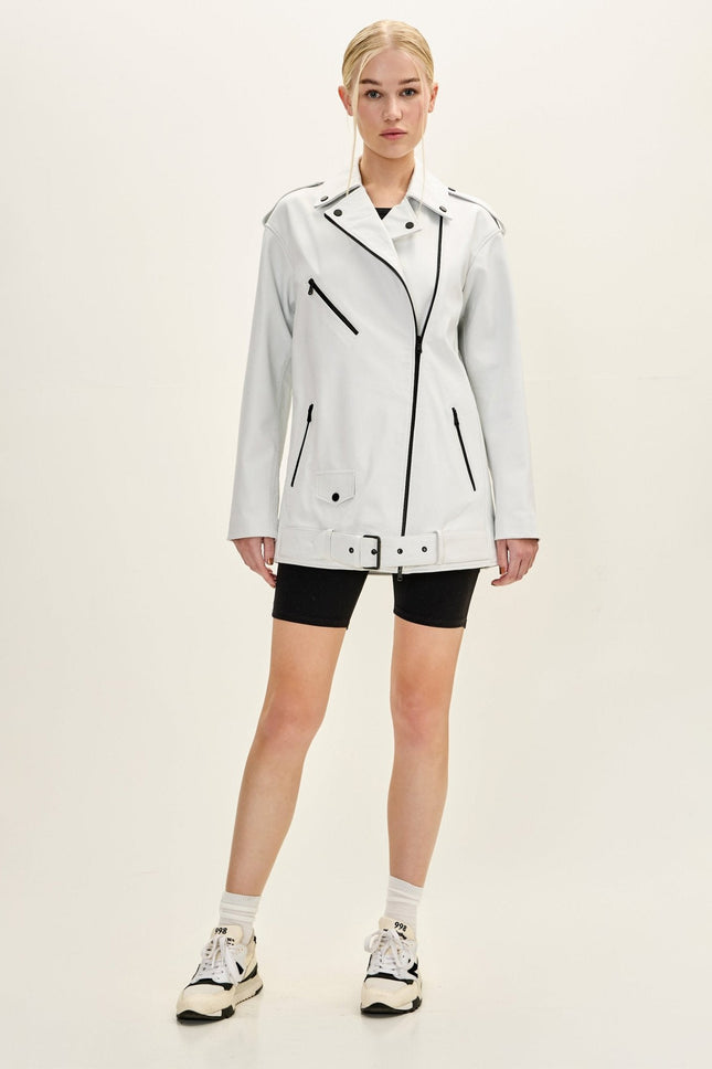 Women's Oversized Lambskin Leather Motorcycle Jacket - White | Ron Tomson