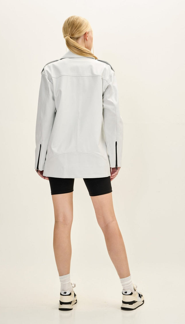 Oversized Lambskin Leather Motorcycle Jacket - White