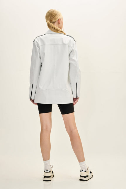 Women's Oversized Lambskin Leather Motorcycle Jacket - White | Ron Tomson
