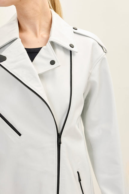 Women's Oversized Lambskin Leather Motorcycle Jacket - White | Ron Tomson