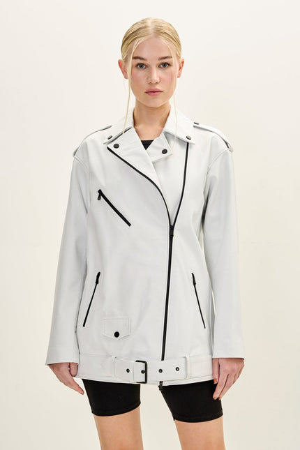 Women's Oversized Lambskin Leather Motorcycle Jacket - White | Ron Tomson