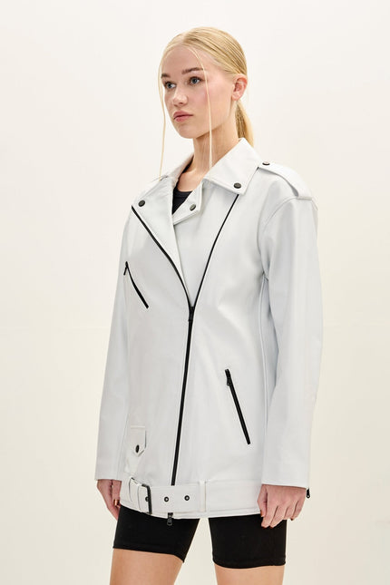 Women's Oversized Lambskin Leather Motorcycle Jacket - White | Ron Tomson