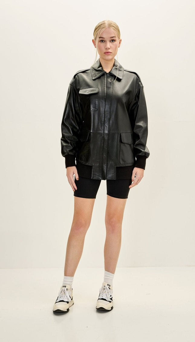 Oversized Lambskin Leather Bomber Jacket - Black