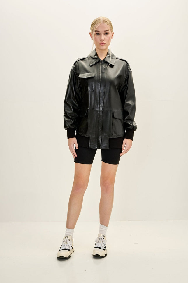 Women's Oversized Lambskin Leather Bomber Jacket - Black | Ron Tomson