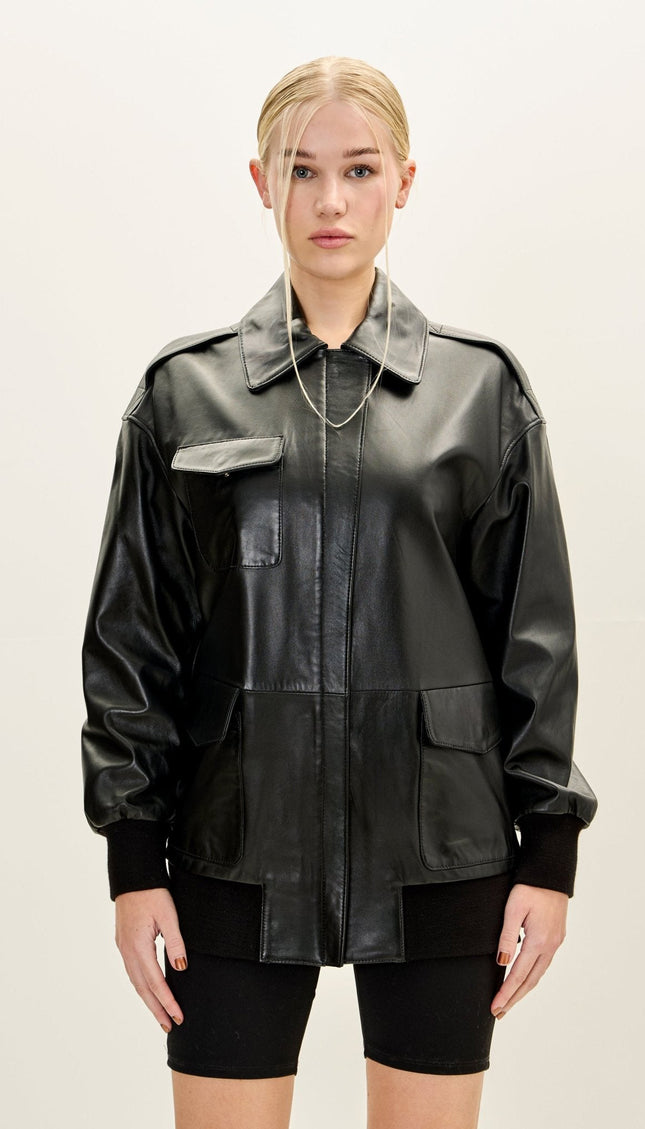 Oversized Lambskin Leather Bomber Jacket - Black