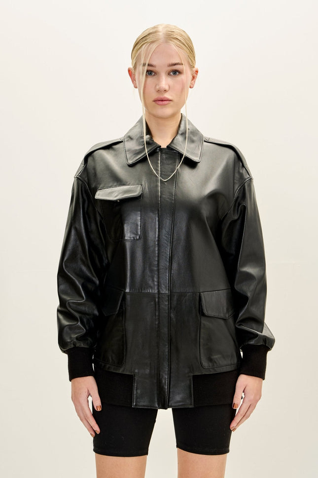 Women's Oversized Lambskin Leather Bomber Jacket - Black | Ron Tomson
