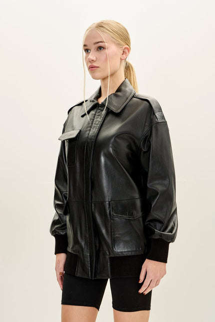 Women's Oversized Lambskin Leather Bomber Jacket - Black | Ron Tomson