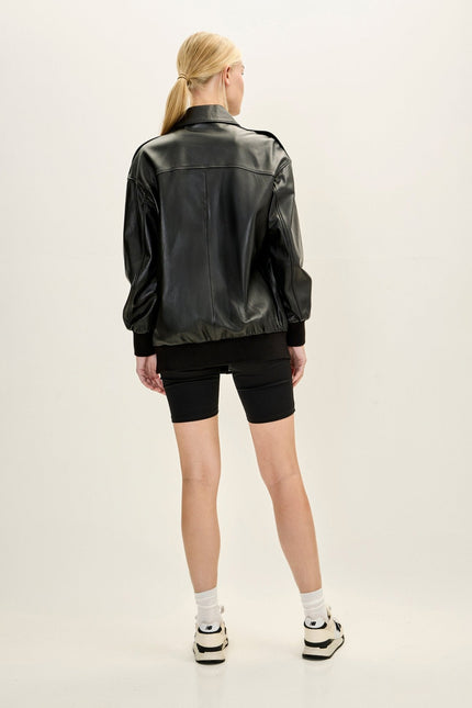 Women's Oversized Lambskin Leather Bomber Jacket - Black | Ron Tomson