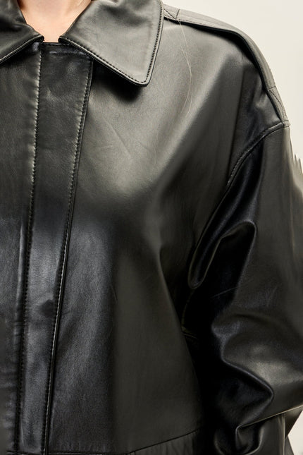 Women's Oversized Lambskin Leather Bomber Jacket - Black | Ron Tomson