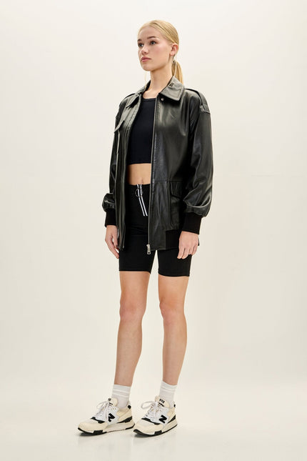 Women's Oversized Lambskin Leather Bomber Jacket - Black | Ron Tomson