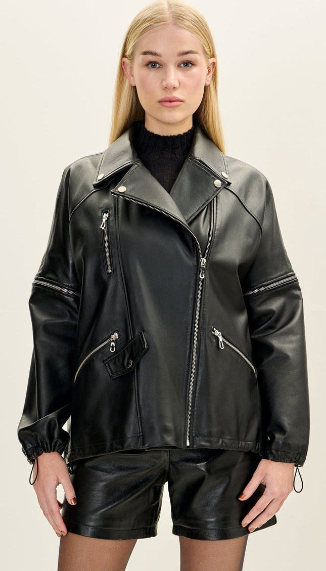 Lambskin Leather Jacket with Removable Sleeves - Black