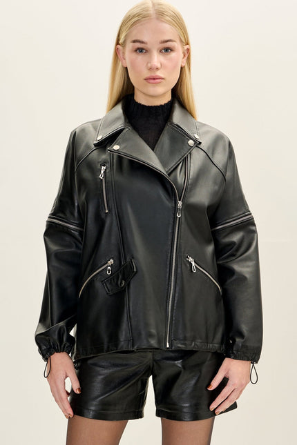 Women's Lambskin Leather Jacket with Removable Sleeves - Black | Ron Tomson