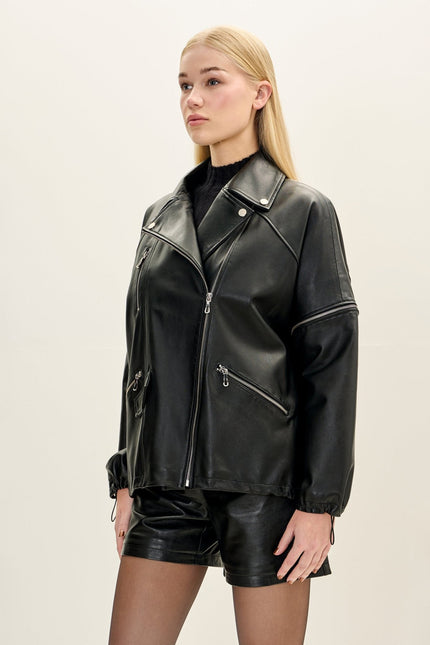 Women's Lambskin Leather Jacket with Removable Sleeves - Black | Ron Tomson
