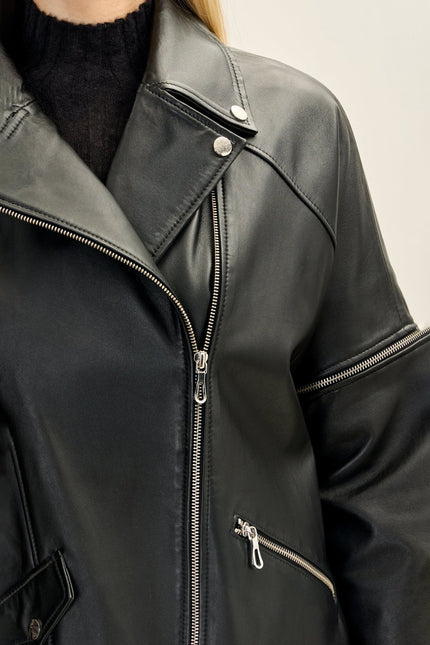 Women's Lambskin Leather Jacket with Removable Sleeves - Black | Ron Tomson