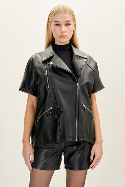 Women's Lambskin Leather Jacket with Removable Sleeves - Black | Ron Tomson