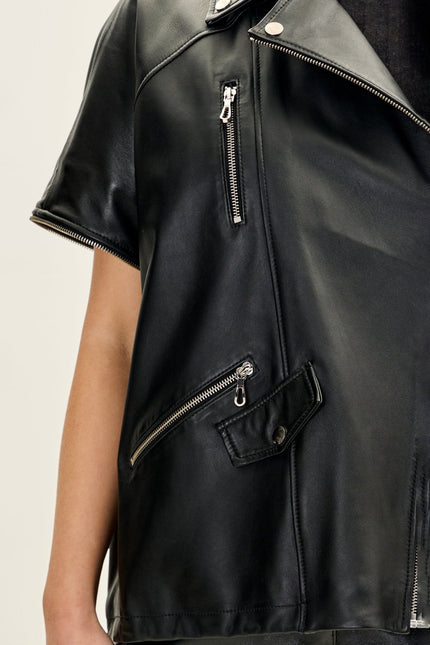 Women's Lambskin Leather Jacket with Removable Sleeves - Black | Ron Tomson