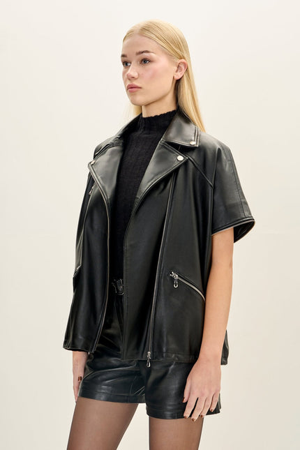 Women's Lambskin Leather Jacket with Removable Sleeves - Black | Ron Tomson