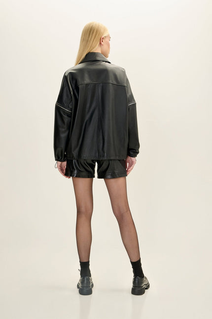 Women's Lambskin Leather Jacket with Removable Sleeves - Black | Ron Tomson