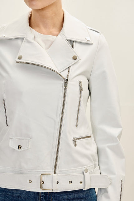 Women's Nappa Lambskin Asymmetric Biker Jacket - White | Ron Tomson