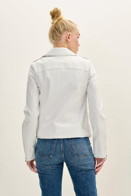 Women's Nappa Lambskin Asymmetric Biker Jacket - White | Ron Tomson