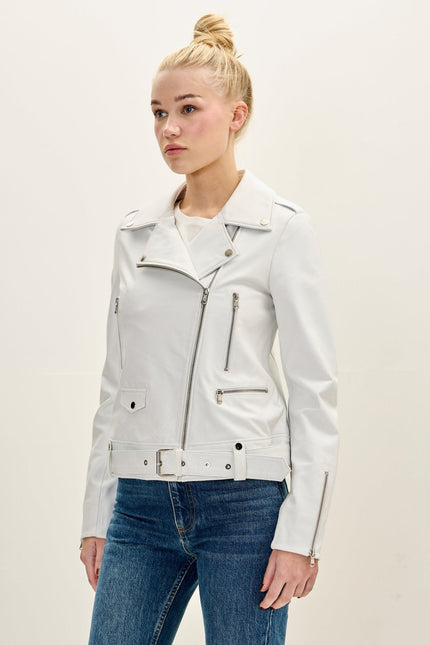 Women's Nappa Lambskin Asymmetric Biker Jacket - White | Ron Tomson