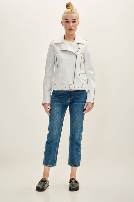 Women's Nappa Lambskin Asymmetric Biker Jacket - White | Ron Tomson